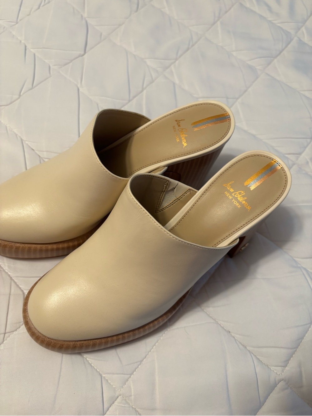 Cream Leather Slide Mules with Wood-Tone Heel